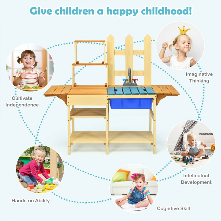 Kid's outdoor wooden pretend cook kitchen playset made of fir wood, featuring a basin and shelves for imaginative play.
