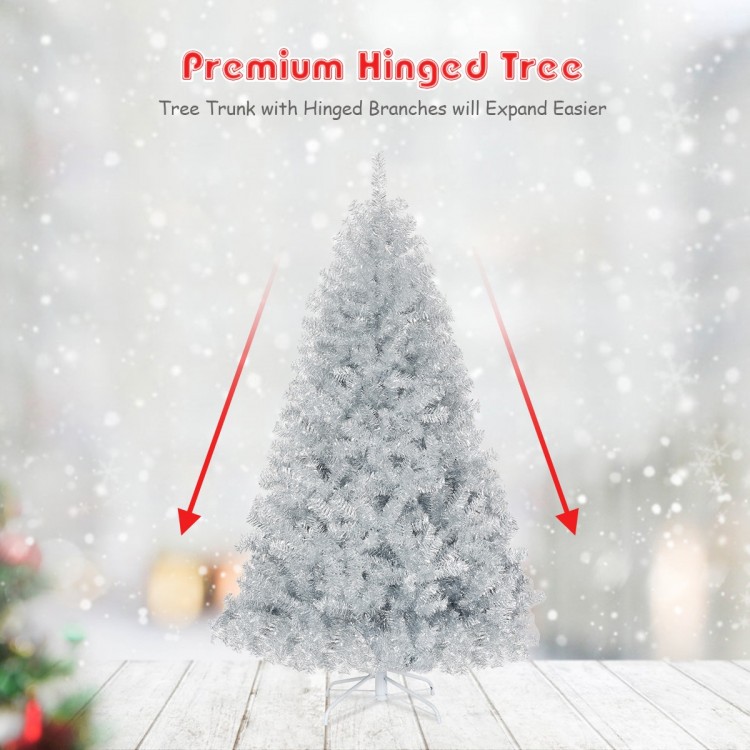 6 feet silver tinsel Christmas tree with hinged branches and metal stand, perfect for festive indoor and outdoor.