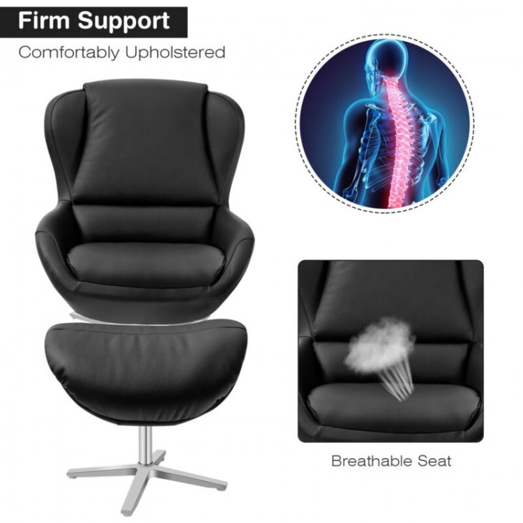 Black 360° swivel leather lounge chair with ottoman, featuring a sturdy aluminum base for comfort and support in any.
