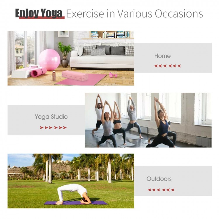 Yoga bolster pillow in pink with washable cover and carry handle, ideal for home, studio, or outdoor yoga practice.