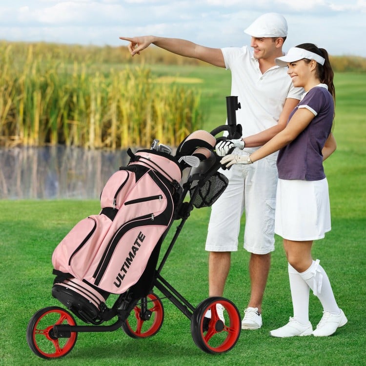 Folding 3 wheels golf push cart with adjustable handle, lightweight aluminum frame, and big wheels for easy.