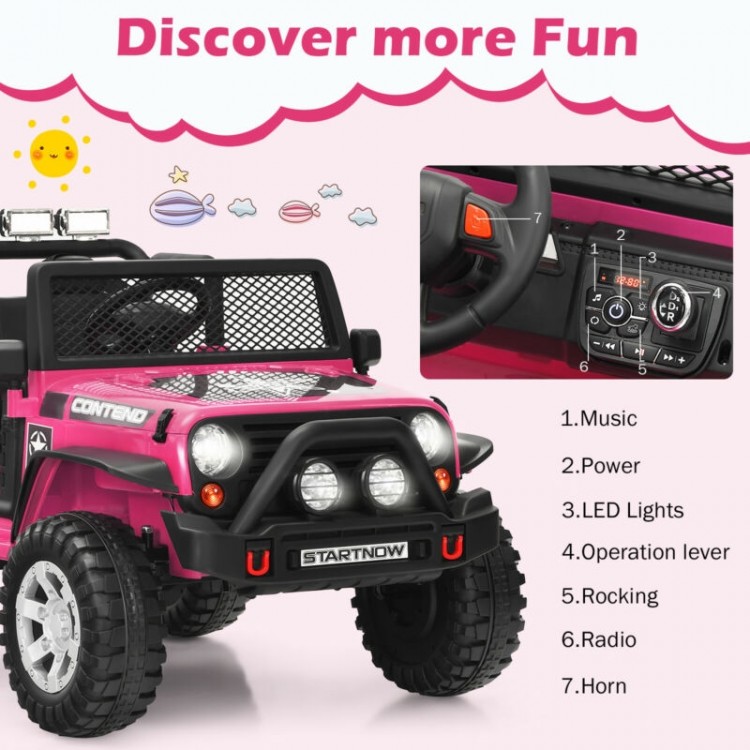 Close-up of the pink 12V kids electric ride-on truck dashboard featuring music, lights, and operation lever for fun.