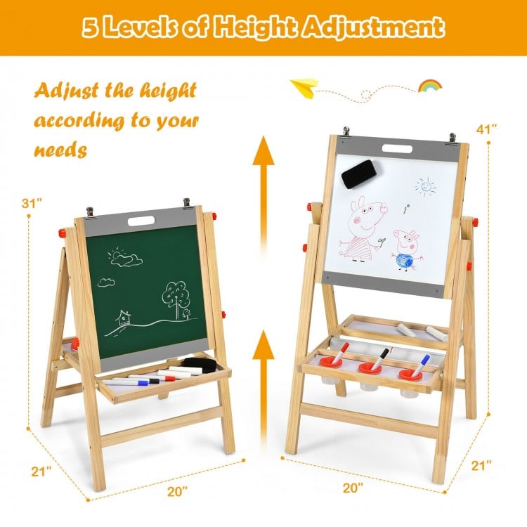Kids art easel with adjustable height, featuring a chalkboard and whiteboard, perfect for creative activities.