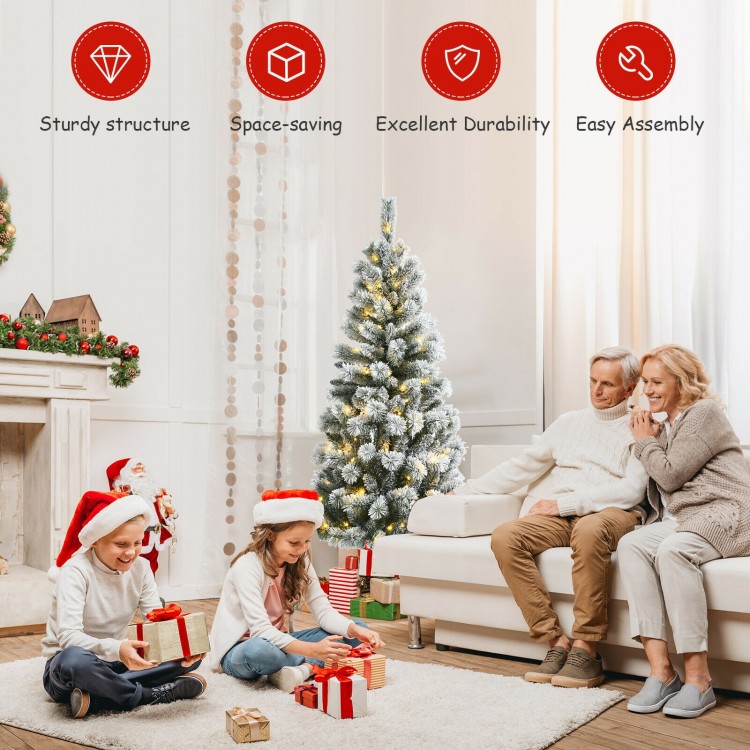 5 feet pre-lit Christmas tree with snow flocked branches, 140 LED lights, and hinged design for easy assembly and.