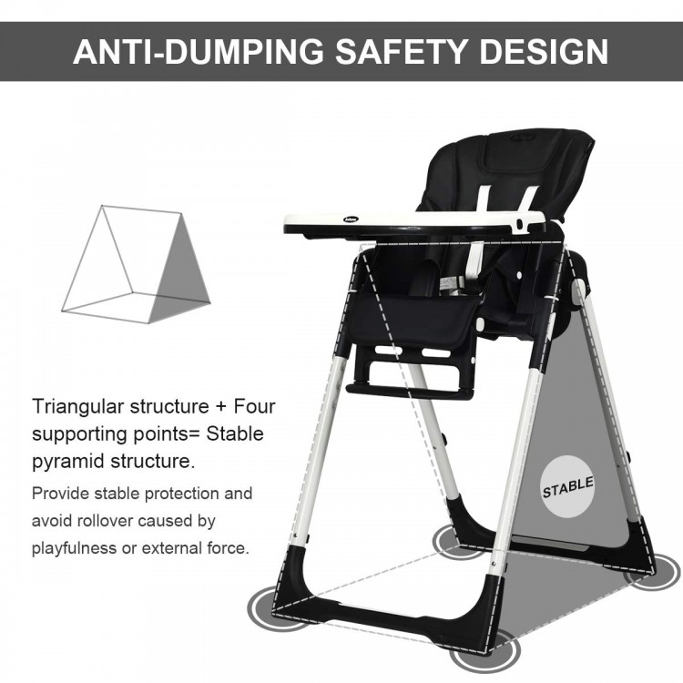 Foldable high chair in black featuring a stable anti-dumping design with adjustable backrest and detachable trays.