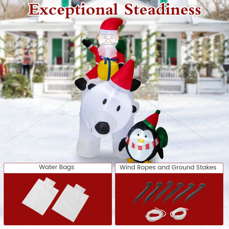 7 feet inflatable Santa Claus riding a polar bear with penguin, featuring LED lights and weather-resistant fabric for.