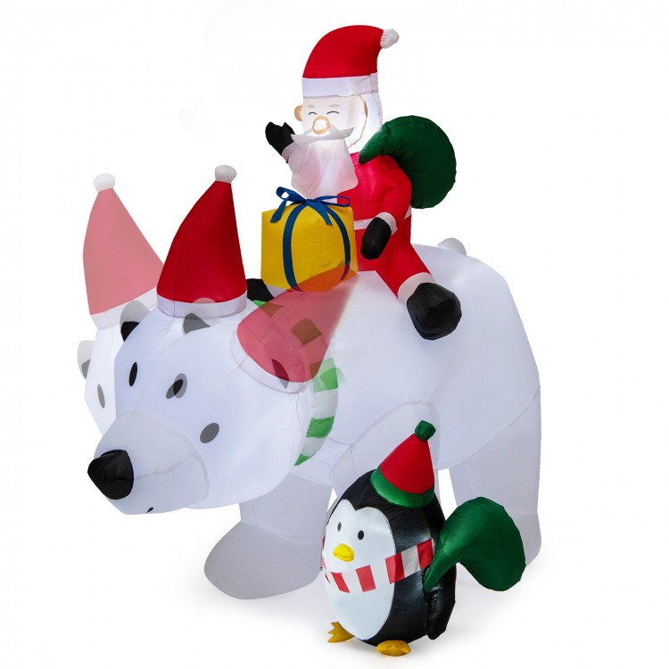 Inflatable Santa Claus riding a polar bear with a penguin, featuring LED lights and weather-resistant fabric for.