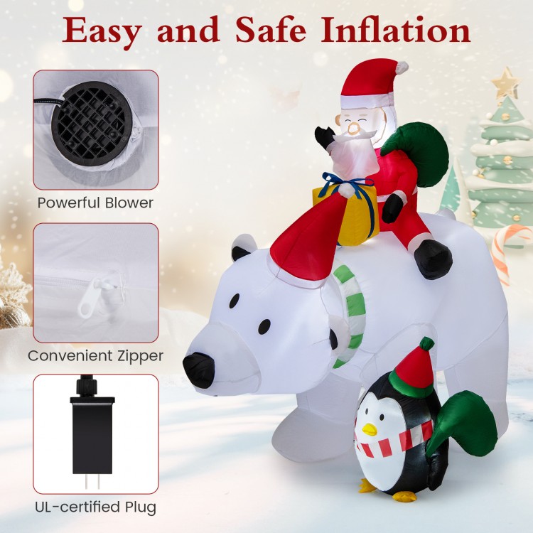 7-foot inflatable Santa Claus riding a polar bear with a penguin, featuring LED lights and weather-resistant fabric for.
