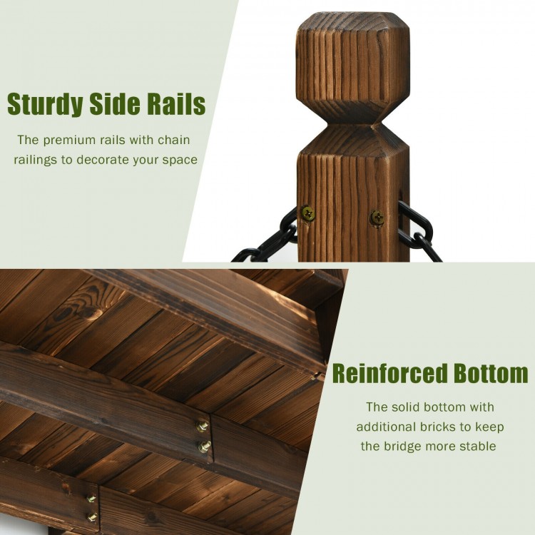 Sturdy side rail and reinforced bottom of the 5 feet wooden garden bridge for enhanced stability and safety.