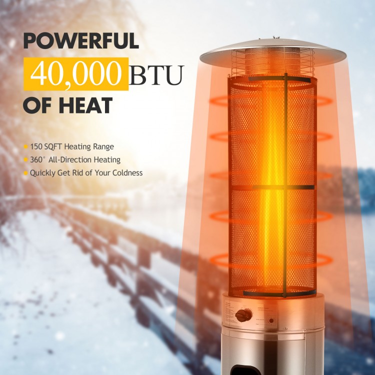 Stainless steel 40,000 BTU patio heater with glass tube, providing 360° heating for outdoor spaces up to 150 SQFT.