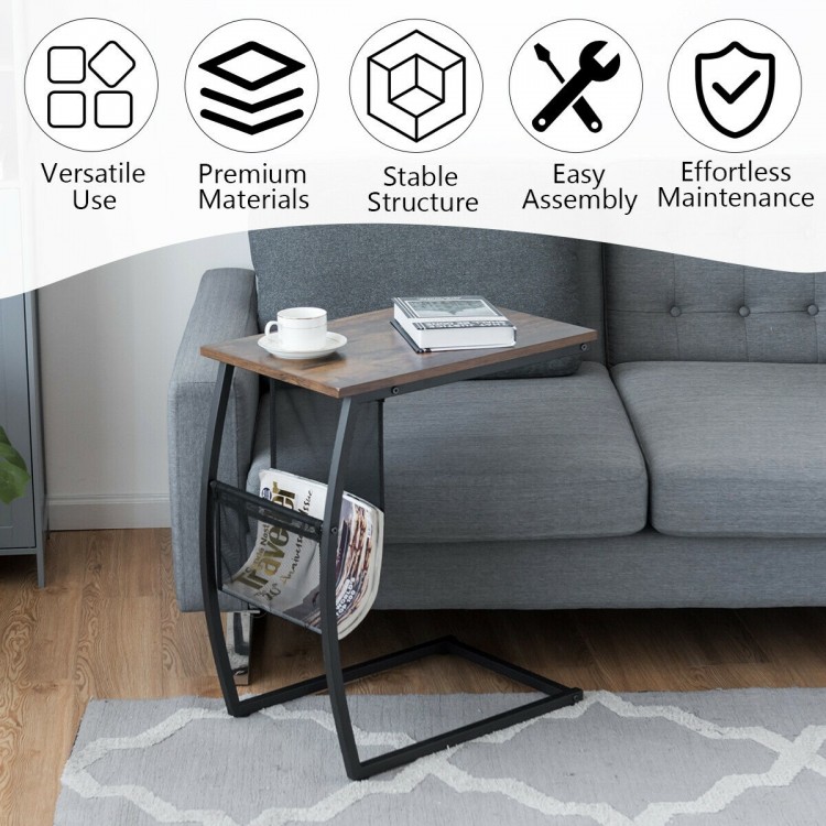 C-shaped vintage end table with side pocket and metal frame, perfect for use as a sofa side table or bedside table.