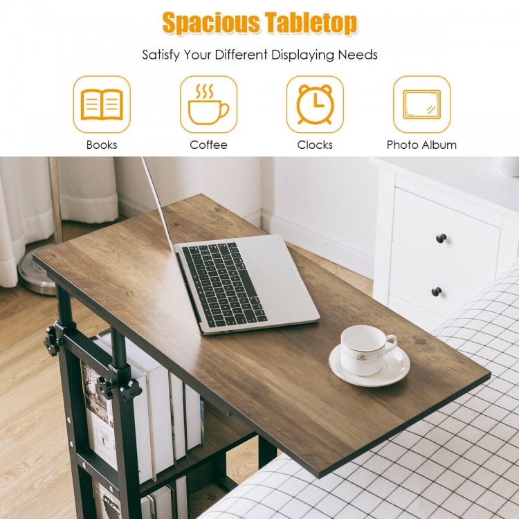 C-Shape mobile snack end table with storage shelves, featuring a spacious tabletop and durable particle board and metal.