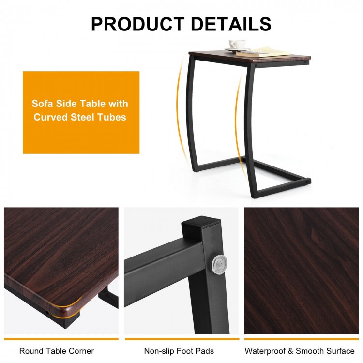 C-shaped steel frame side table with waterproof MDF top, ideal for compact spaces next to a sofa or bed.
