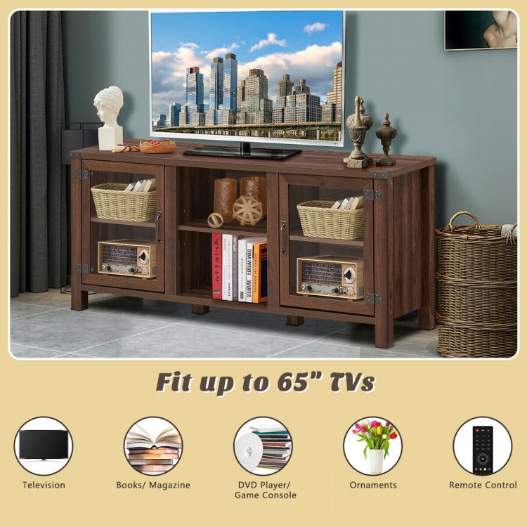 Walnut TV stand with storage cabinets, designed for TVs up to 65", featuring adjustable shelves and tempered glass.
