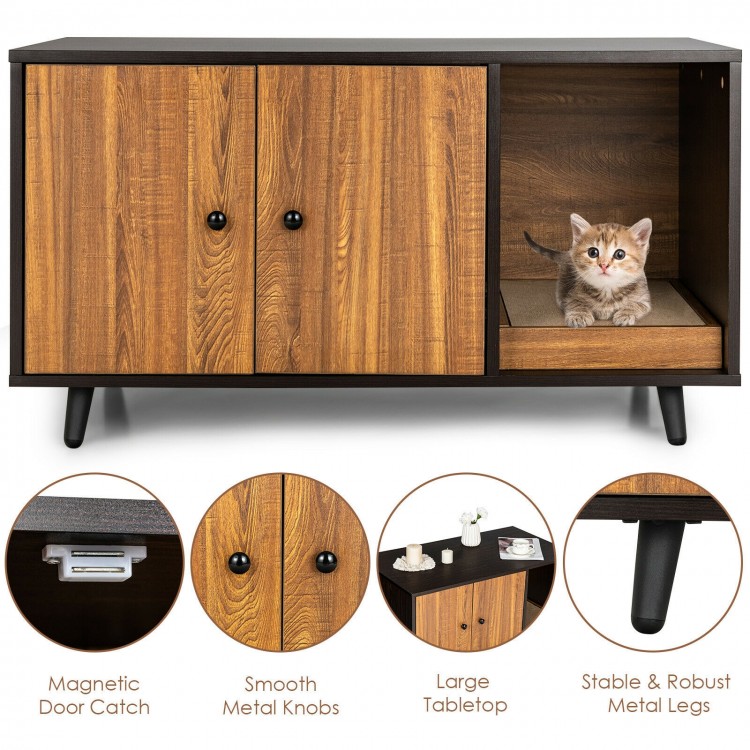 Cat litter box enclosure in brown with double doors, large tabletop, and sturdy metal legs for stability and style.