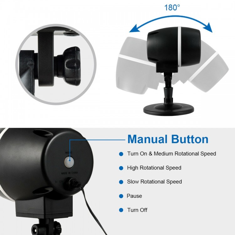 Outdoor waterproof Christmas snowflake LED projector with remote control, 180° rotation, and manual speed settings.