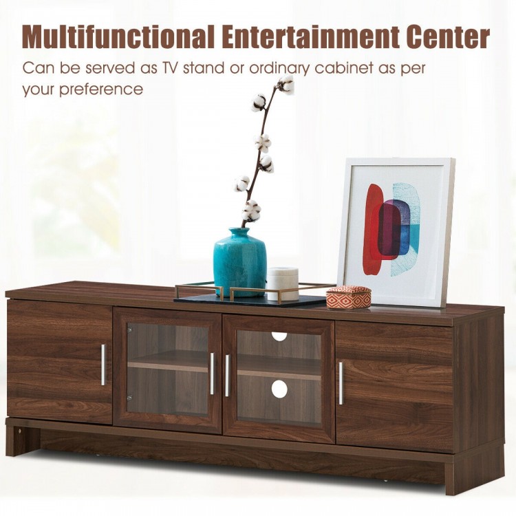 Walnut media entertainment TV stand with tempered glass doors, adjustable shelves, and ample storage for living room or.