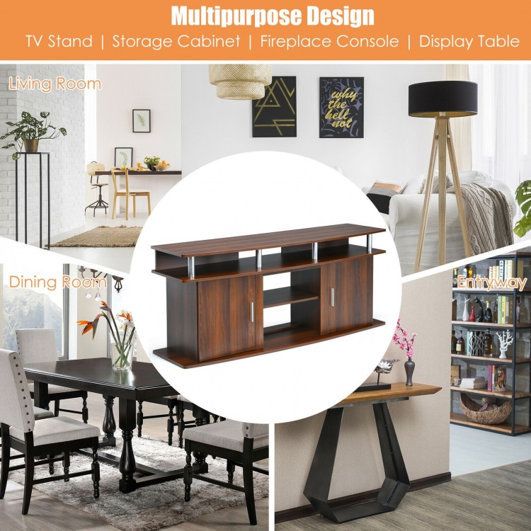 63-inch walnut TV entertainment console with 2 cabinets and open shelves, perfect for living room and versatile home.