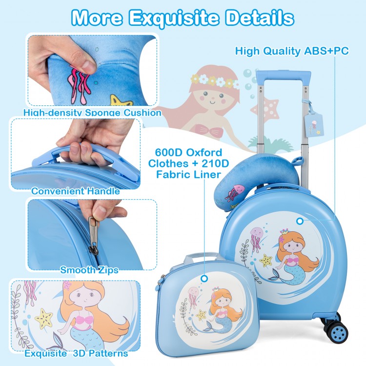 Kids 14" blue hardside spinner luggage set with adjustable handle, smooth zippers, and cozy neck pillow for travel.