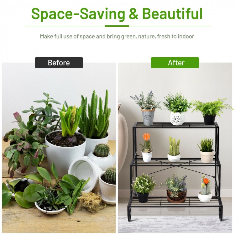 Three-tier outdoor metal garden planter holder shelf in black, showcasing potted plants for stylish home decor.