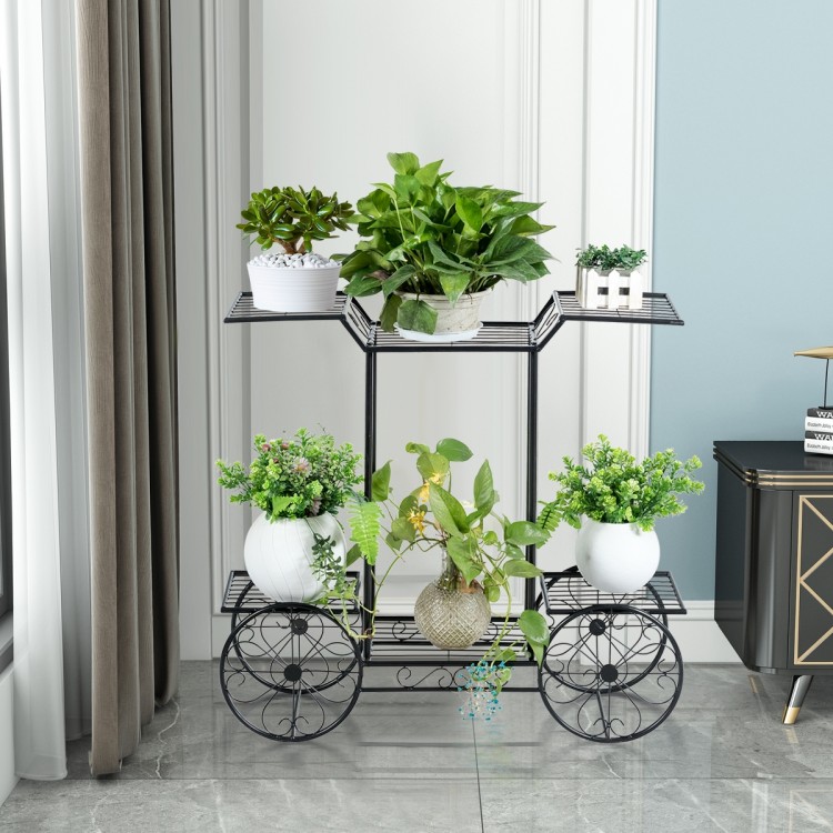 6-tier garden cart flower rack in black, featuring robust metal shelves for indoor or outdoor plant display.