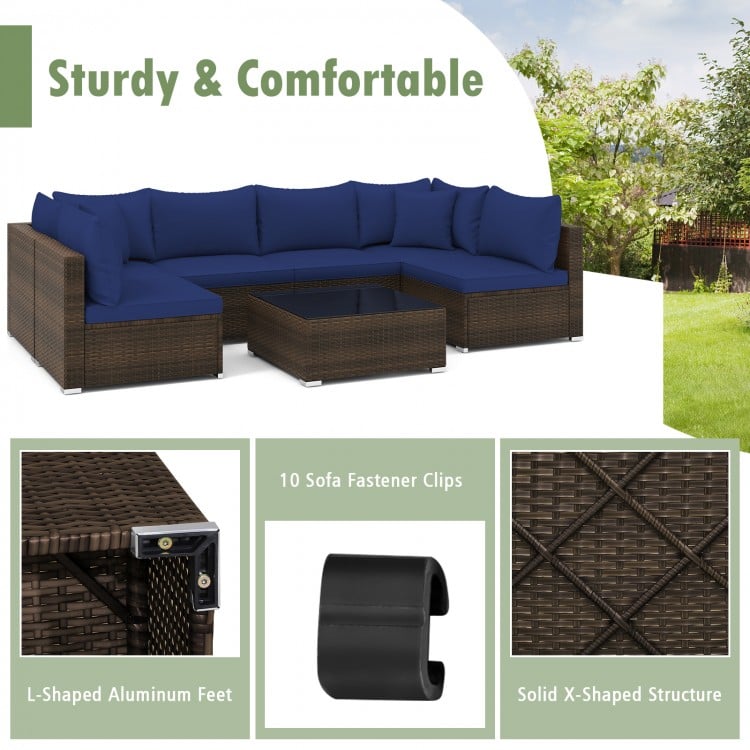 L-shaped sectional sofa set in navy with PE rattan, includes cushions and coffee table, ideal for patio or garden use.