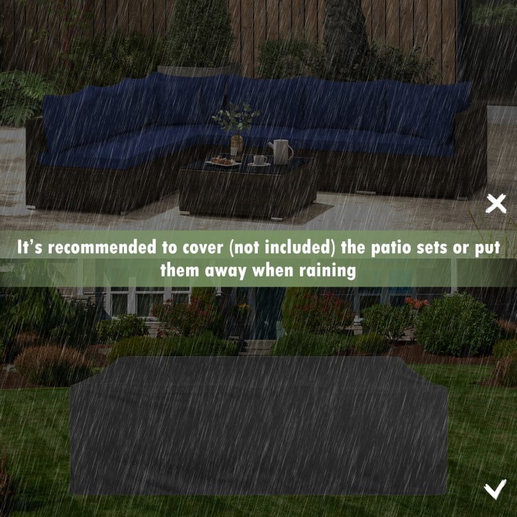 Sectional sofa set with navy cushions, made of PE rattan, ideal for outdoor patio use, shown in rainy weather.