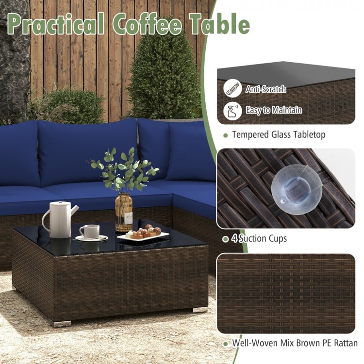 Coffee table with tempered glass top and well-woven mix brown PE rattan, ideal for patio and outdoor use.