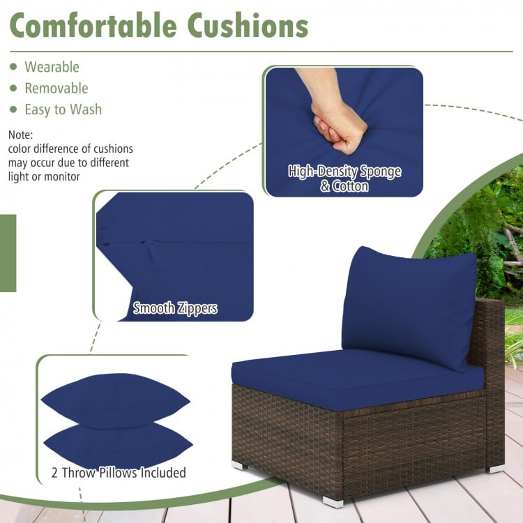 Navy cushion detail of the 7 Pieces Patio Rattan Furniture Set, featuring removable covers and smooth zippers for easy.