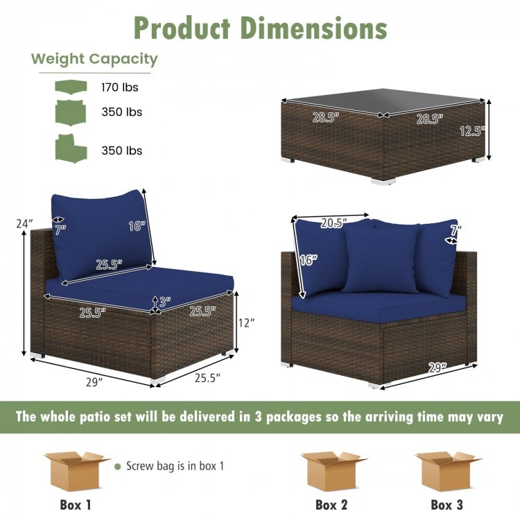 Dimensions of the 7 pieces patio rattan furniture set with navy cushions, including coffee table and sectional sofas.