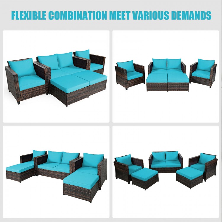 5-piece patio cushioned rattan furniture set in turquoise, featuring flexible combinations for outdoor relaxation.