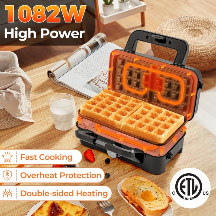 3-in-1 sandwich maker with removable non-stick plates, 1082W power, and double-sided heating for versatile cooking.
