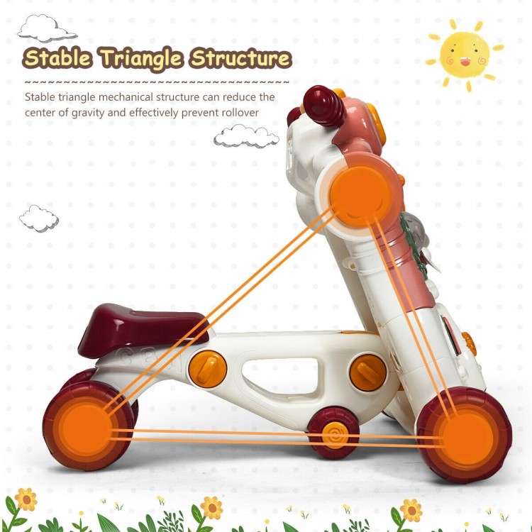 3-in-1 baby sit-to-stand walker in pink with stable triangle structure, designed for safety and preventing rollover.
