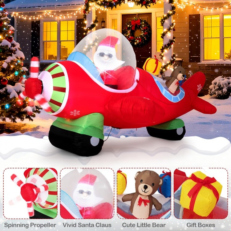 Close-up of the spinning propeller on the 7.2 feet Christmas inflatable airplane with Santa, bear, and gift boxes.