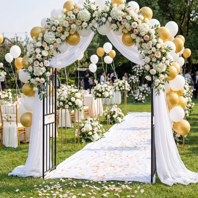 Garden decoration climbing plants arch adorned with flowers and balloons, ideal for weddings and outdoor ceremonies.
