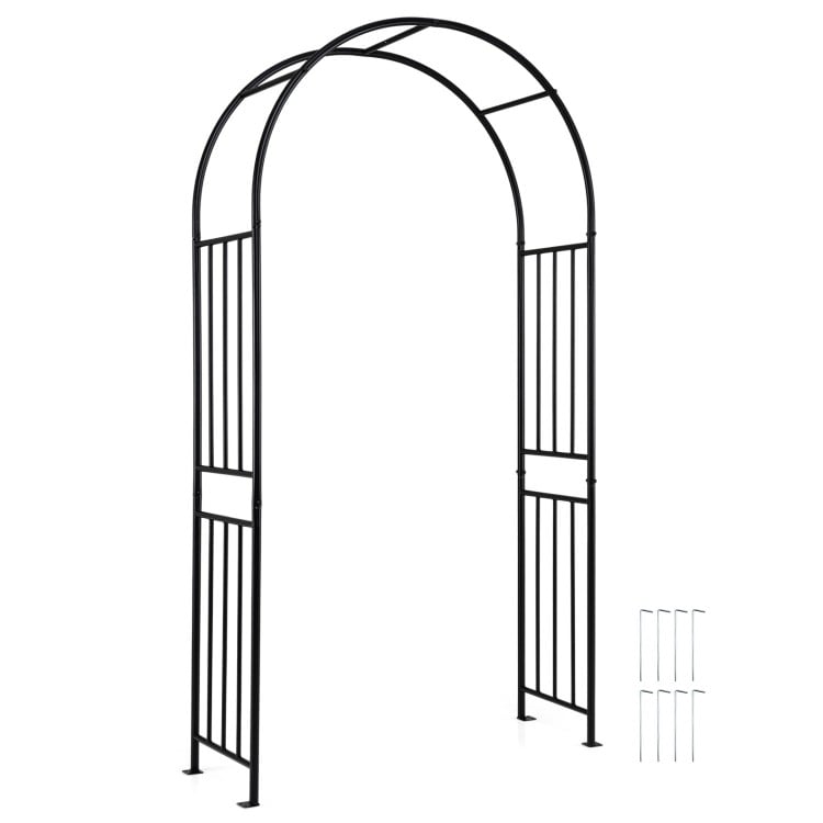 Black 7.2 feet garden arch for climbing plants, made of durable steel, ideal for weddings and outdoor decorations.