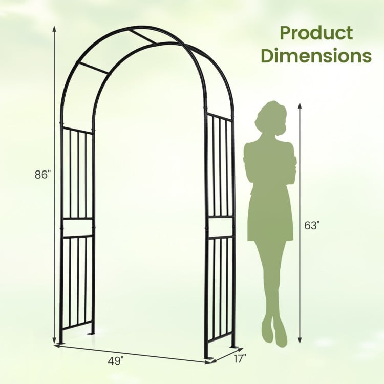 Garden decoration climbing plants arch measuring 86" tall and 49" wide, perfect for supporting plants and ornaments.