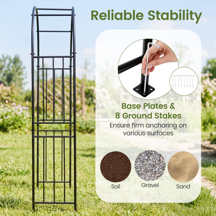 7.2 feet garden decoration climbing plants arch with ground stakes for stable support on soil, gravel, or sand surfaces.