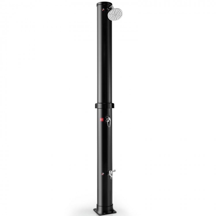 Freestanding 7.2 feet solar-heated outdoor shower in black with 360° rotating shower head and foot tap for convenience.