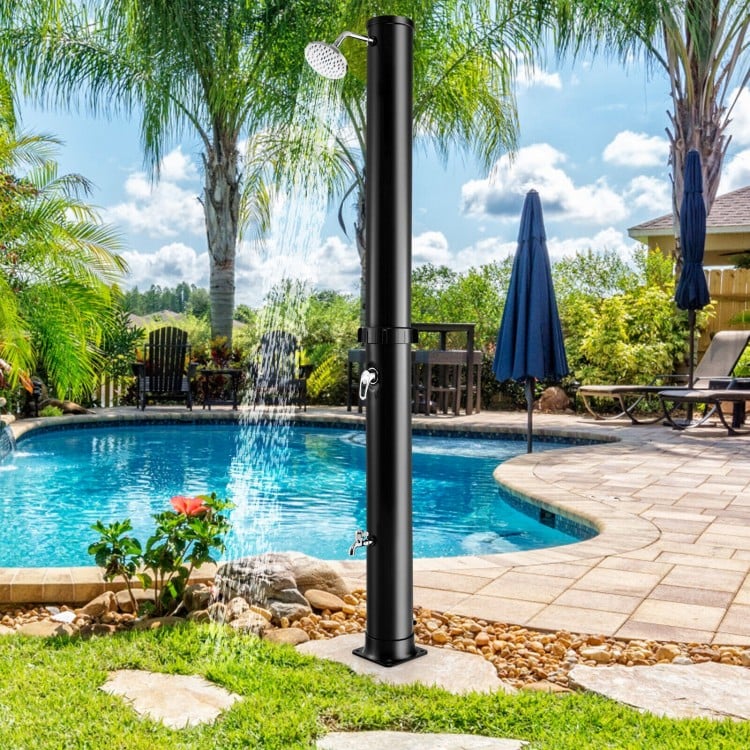 Freestanding 7.2 feet solar-heated outdoor shower in black with a 360° rotating shower head, perfect for poolside use.