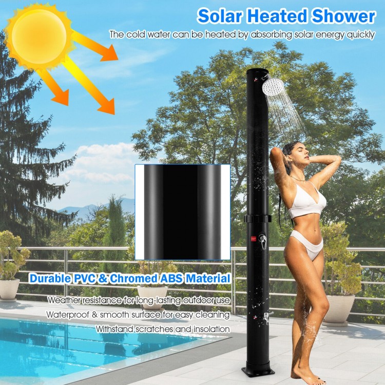 7.2 feet solar-heated outdoor shower in black with 360° rotating shower head, made of durable PVC and chromed ABS.