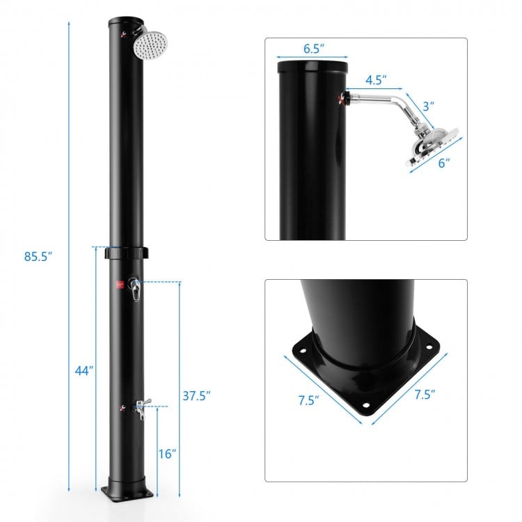 Solar-heated outdoor shower in black, featuring a 360° rotating shower head and foot tap, perfect for outdoor use.