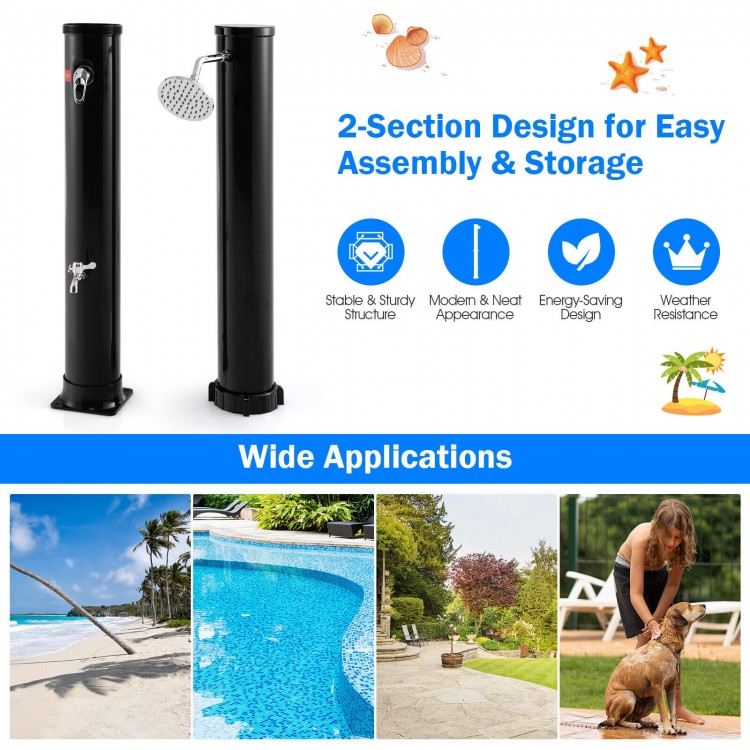 Solar-heated outdoor shower with 360° rotating shower head, black PVC, and ABS, ideal for outdoor use and easy storage.