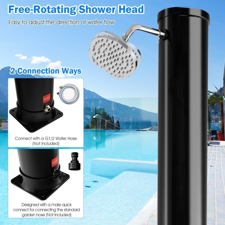 Free-rotating shower head on a 7.2 feet solar-heated outdoor shower, made of durable black PVC and ABS for outdoor use.