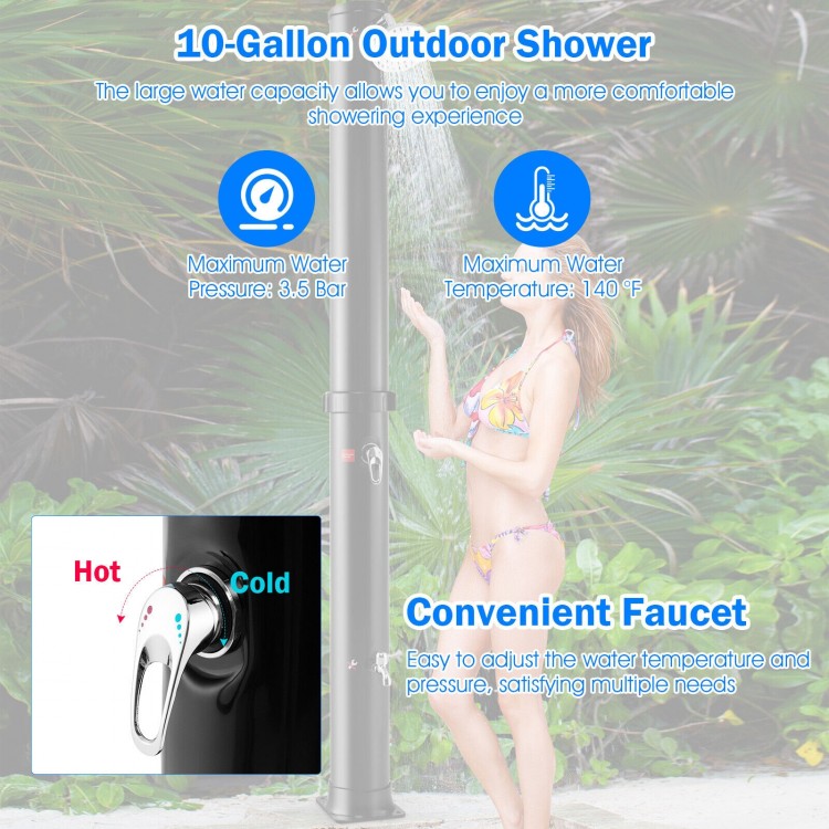 7.2 feet solar-heated outdoor shower in black with 360° rotating shower head and foot tap for versatile outdoor use.