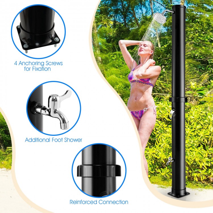 Solar-heated outdoor shower in black with 360° rotating shower head and foot tap, perfect for outdoor use.