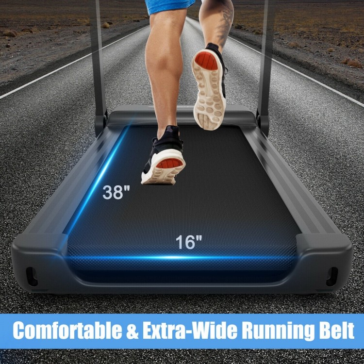 Extra-wide 38" x 16" running belt of the 2.25 HP electric treadmill, designed for home use with anti-skid features.
