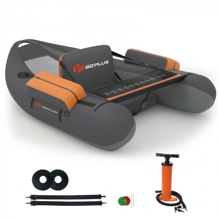 Inflatable fishing float tube in gray with storage pockets, fish ruler, and foot pump for convenient water activities.