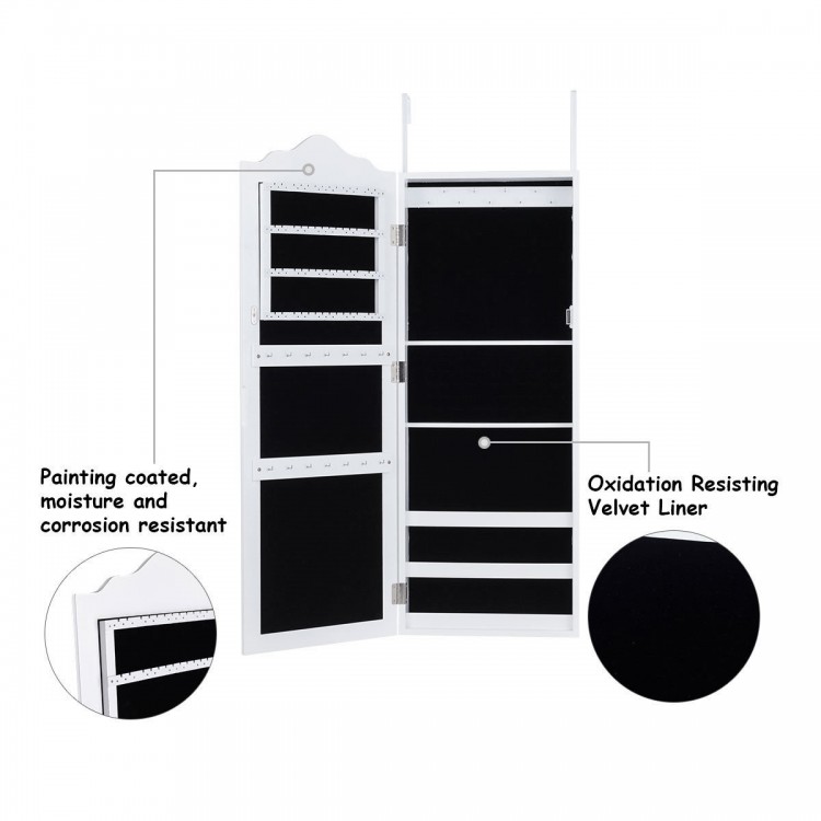 Wall mounted jewelry armoire with full-size mirror, velvet liner, and organized storage for earrings, necklaces, and.