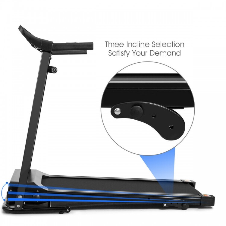 Foldable electric treadmill with adjustable incline, LCD screen, and compact design for indoor exercise convenience.